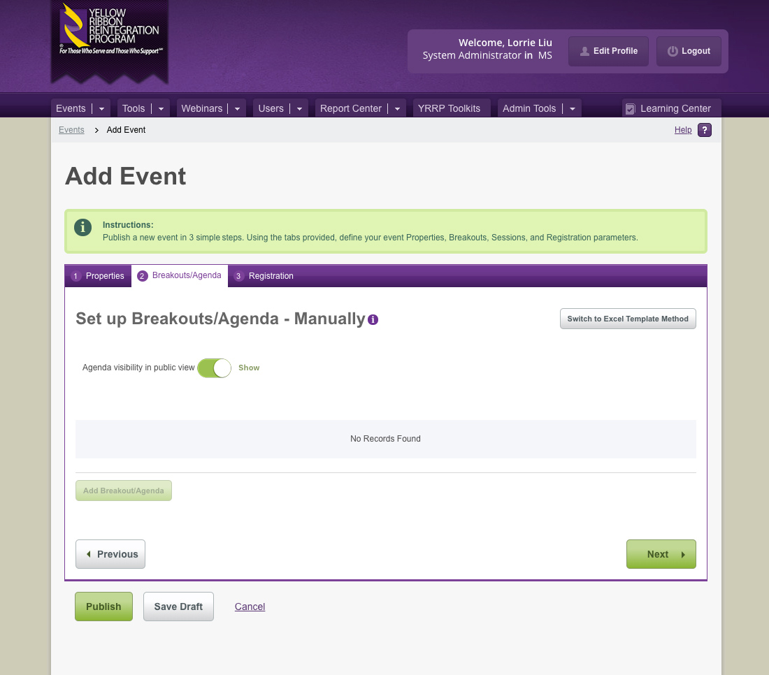 Old event creation flow