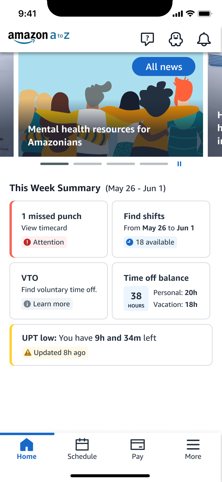 AtoZ home screen — entry point to shift preferences