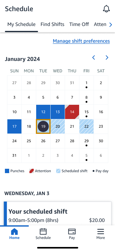 Schedule view — current shift assignment