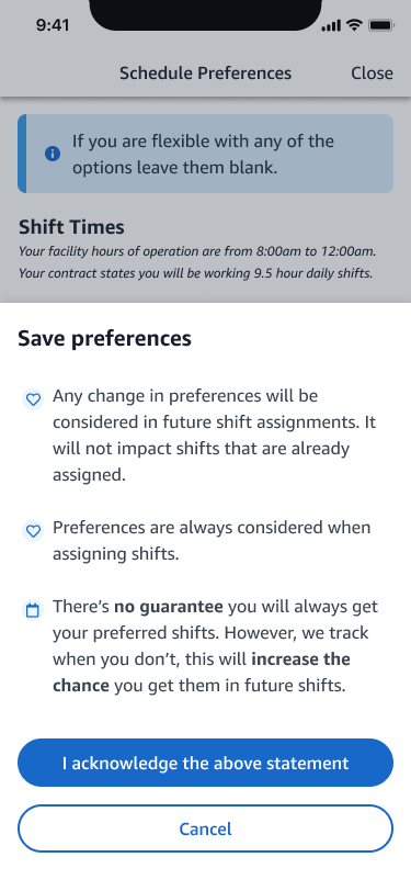 Preference confirmation screen with expectation-setting copy
