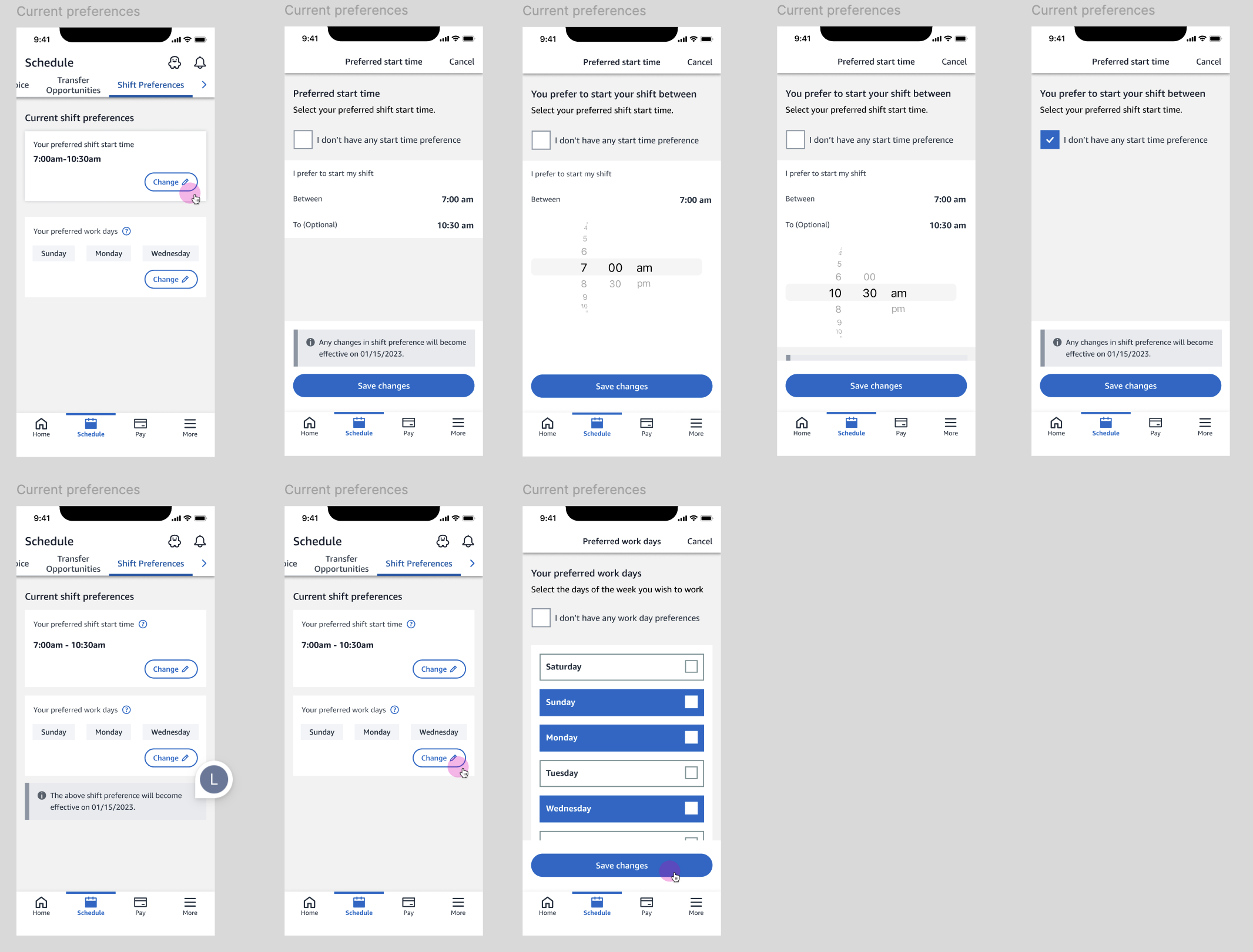 Early iteration — ranked preferences, shift type options, and block hours concepts