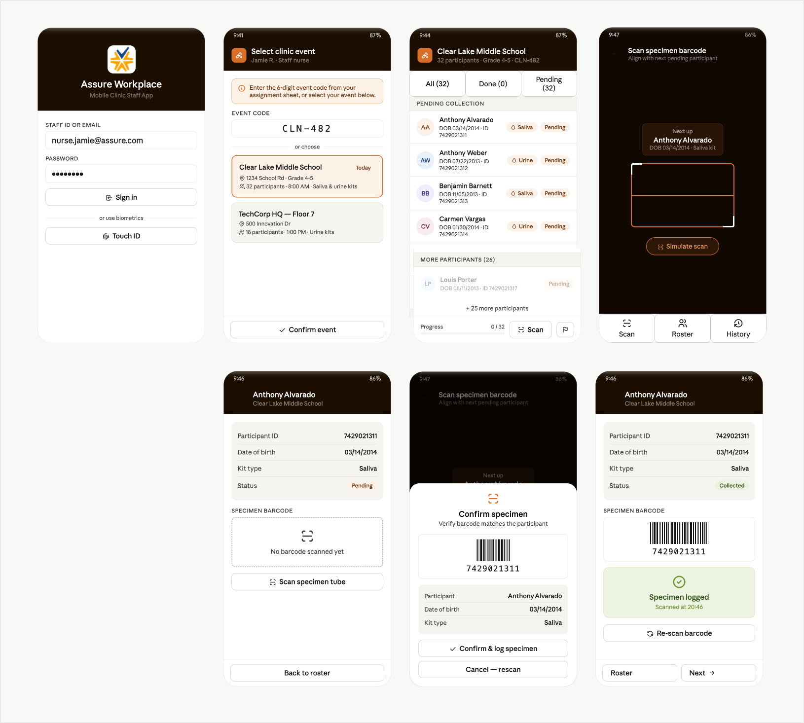 Mobile clinic app — all key screens